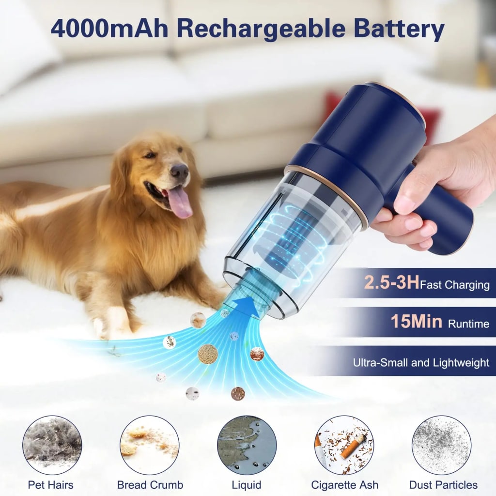 Aspiradora de Mano Inalámbrica de Alta Potencia – Portátil, Recargable y Ideal para Auto, Hogar y Pelo de Mascotas